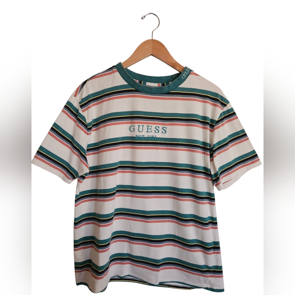Vintage Guess Green and White Striped 100% Organic Cotton T-Shirt Size M